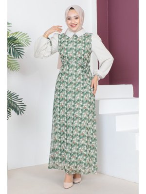 Yeşil Kol Ucu Bağlamalı Şifon Elbise