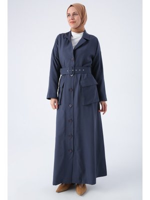 İndigo Kemerli Ceket Yakalı Düğmeli Ferace İndigo Kemerli Ceket Yakalı Düğmeli Ferace