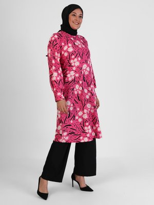 Fuşya Büyük Beden Çiçek Desenli Tunik