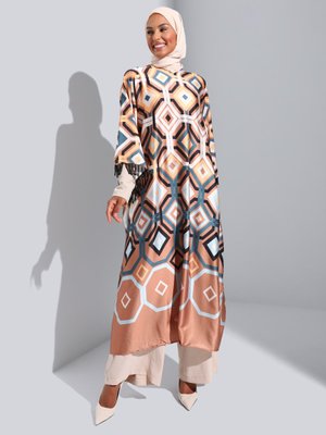 Kahve Hardal Boncuk Püsküllü Geometrik Desenli Ferace