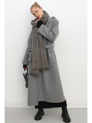 Açık Gri Kapüşonlu Kemerli Kaşe Kaban