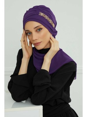 Mor Gold Aksesuarlı Tasarım Şifon Hazır Türban,ht 28,ht Mor Gold Aksesuarlı Tasarım Şifon Hazır Türban,ht 28,ht