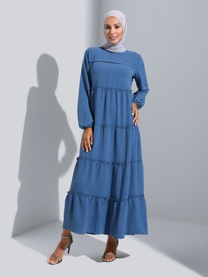 Koyu İndigo Balon Kollu Salaş Elbise