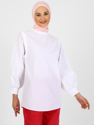 Beyaz Omuz Detaylı Oversize Poplin Tunik