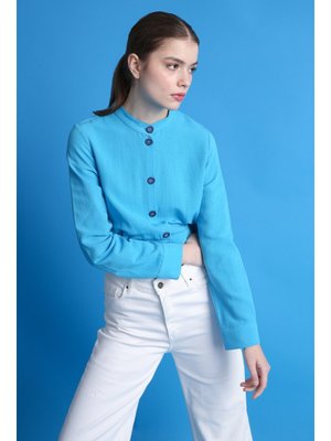 Turkuaz Hakim Yaka Düğmeli Pamuk Keten Kısa Ceket