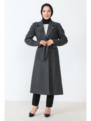 Antrasit Beli Kuşaklı Kaşe Kaban Antrasit Beli Kuşaklı Kaşe Kaban