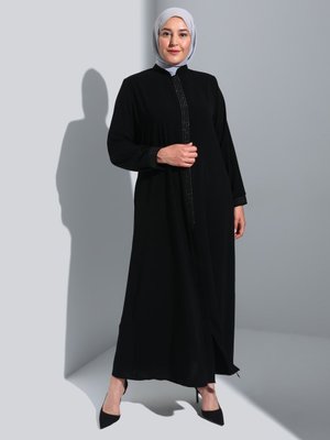 Siyah Büyük Beden Gizli Fermuarlı Sim Şeritli Ferace Siyah Büyük Beden Gizli Fermuarlı Sim Şeritli Ferace