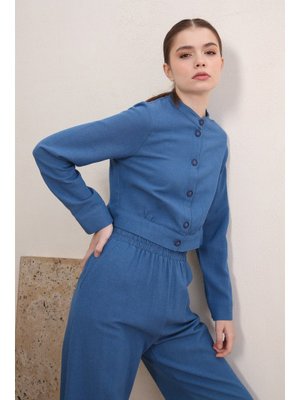 İndigo Hakim Yaka Düğmeli Pamuk Keten Kısa Ceket