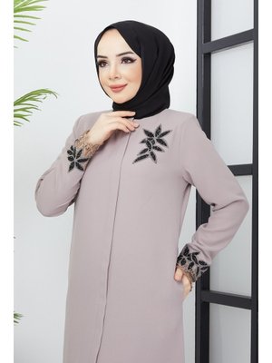 Büyük Beden Dantel Taş işleme Detaylı vizon Ferace