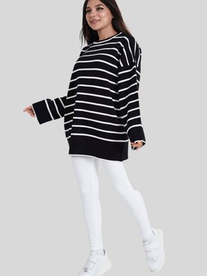 Siyah Çizgili Bisiklet Yaka Triko Tunik