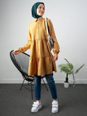 Taba Önden Düğmeli İki Parçalı Salaş Gömlek Tunik Taba Önden Düğmeli İki Parçalı Salaş Gömlek Tunik