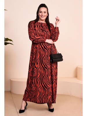 Turuncu Kadin Anne Buyuk Beden Elbise Cicekli Tesettur Giyim