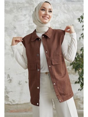 Acı Kahve Kapak Cepli Gabardin Yelek