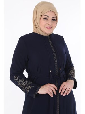 Kolları Nakışlı Medine İpeği Ferace Lacivert