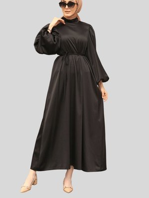 Siyah Balon Kol Saten Abiye Elbise