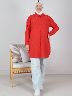 Mercan Büyük Beden Taş İşlemeli Keten Aerobin Tunik