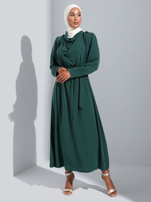 Koyu Zümrüt Beli Lastikli Elbise