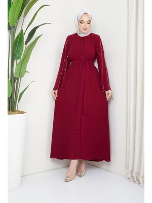 Bordo Kolları Taş Süslemeli, Düğmeli Krep Elbise Bordo Kolları Taş Süslemeli, Düğmeli Krep Elbise
