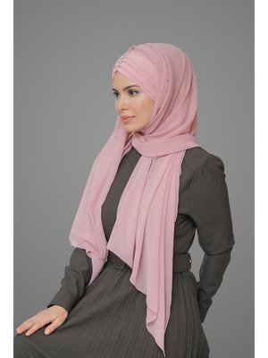 Pudra Arkadan Bağlamalı Şal Şifon Pileli Taşlı Elişi İşlemeli