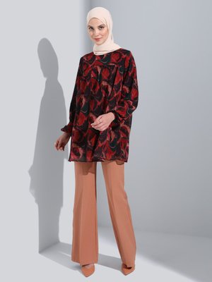 Bordo Etnik Desenli Astarlı Kol Ucu Lastikli Şifon Tunik Bordo Etnik Desenli Astarlı Kol Ucu Lastikli Şifon Tunik