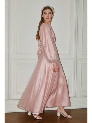 Manuka Taşlı Organze Abiye Elbise Pudra Manuka Taşlı Organze Abiye Elbise Pudra