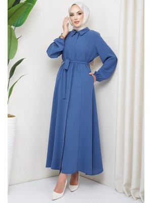 İndigo Gömlek Yaka Kuşaklı Ferace İndigo Gömlek Yaka Kuşaklı Ferace