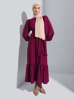 Vişne Balon Kollu Kuşaklı Aerobin Elbise