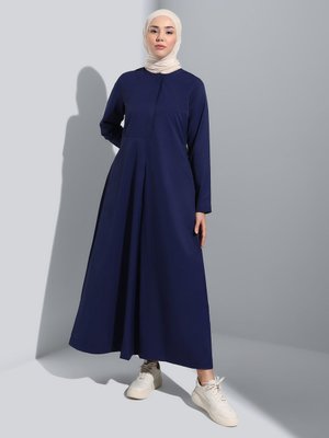 Lacivert Gizli Düğme Detaylı Poplin Elbise
