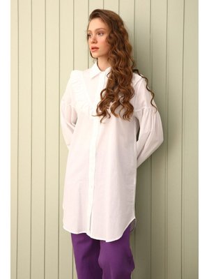 Beyaz Pamuk Fırfır Detaylı Gömlek Tunik