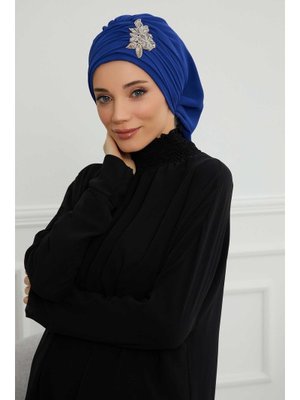 Pileli Taş Çiçek Aksesuarlı Şifon Hazır Türban, Saks Mavisi Pileli Taş Çiçek Aksesuarlı Şifon Hazır Türban, Saks Mavisi