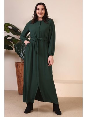 Zümrüt Yeşili Kadin Buyuk Beden Tesettur Fermuarlı Yandan Baglamalı Kusaklı Elbise Oversize