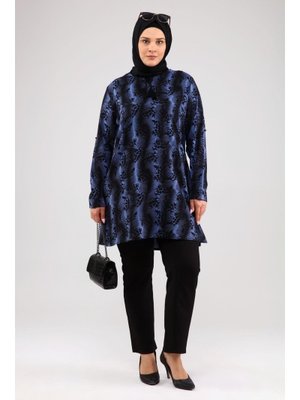 Mavi Büyük Beden Tunik İpli Ve Yandan Yırtmaçlı