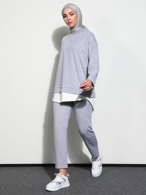 Gri Melanj Poplin Garnili Tunik & Pantolon İkili Takım