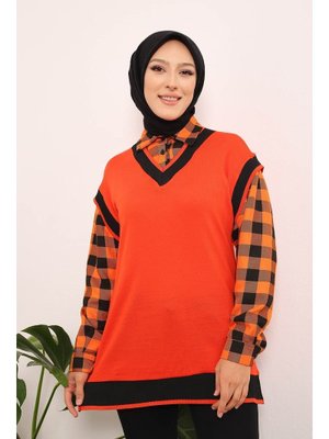 Orange Modest Gömlek Yaka Ekoseli Tunik Orange Modest Gömlek Yaka Ekoseli Tunik
