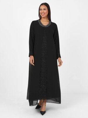 Siyah Dantel Taş Baskılı Büyük Beden Abiye Elbise