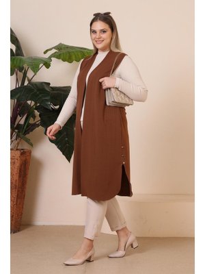 Kahverengi Uzun Buyuk Beden Yelek Kadin Hermevsim