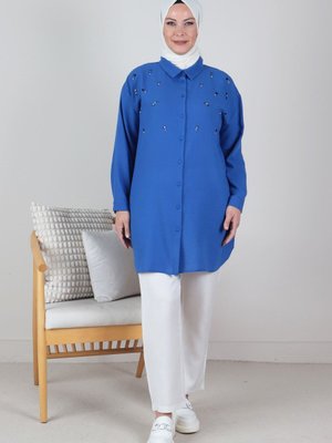 Saks Büyük Beden Taş İşlemeli Keten Aerobin Tunik