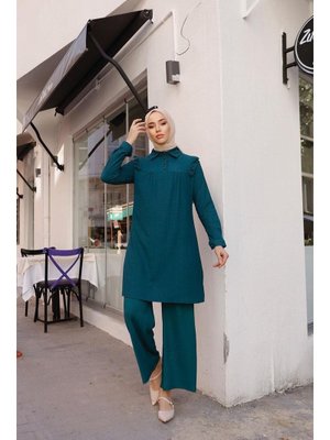 Yaka Detaylı Bürümcük Tunik Pantolon Takım Petrol Mavi