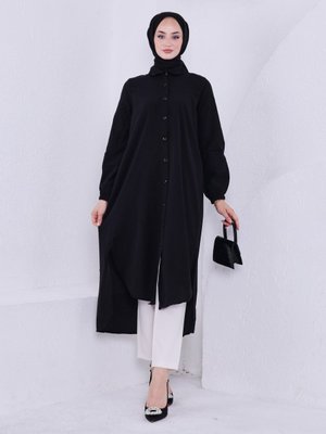 Siyah Terekoton Uzun Taş Detaylı Tunik