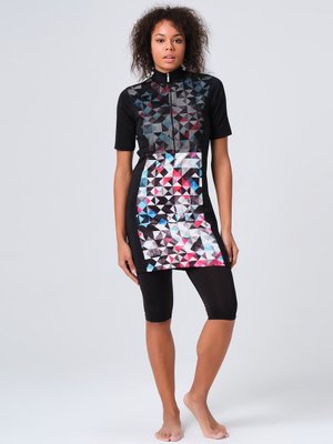 Siyah File Detaylı Yarım Kol Yarı Kapalı Mayo