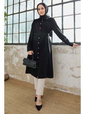 Siyah Kemerli Omuzu Taşlı Tunik