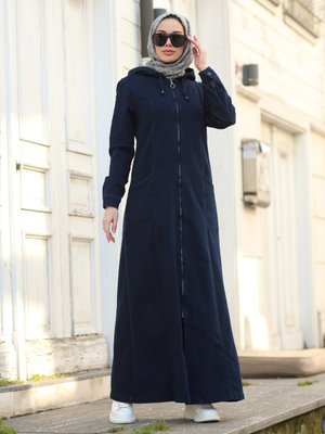 Lacivert Fermuarlı Kapüşonlu Ferace