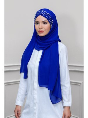 Saks Mavisi Pratik Hazır Geçmeli Bone Şal Şifon Kendinden Boneli Taşlı Elişi İşlemeli