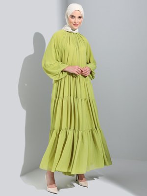 Yağ Yeşili Yakası Gipe Detaylı Geniş Kesim Şifon Abiye Elbise Yağ Yeşili Yakası Gipe Detaylı Geniş Kesim Şifon Abiye Elbise