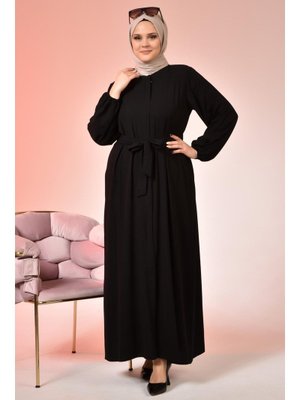 Siyah Kadin Buyuk Beden Tesettur Fermuarlı Yandan Baglamalı Kusaklı Elbise Oversize