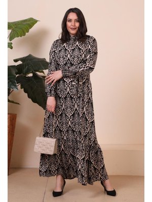 Kadin Hakim Yaka Buyuk Beden Tesettur Viskon Kumas Pileli Ve Piliseli Elbise Taş