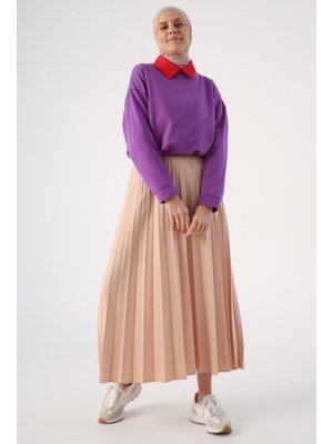 Bej Beli Lastikli Örme Plise Etek