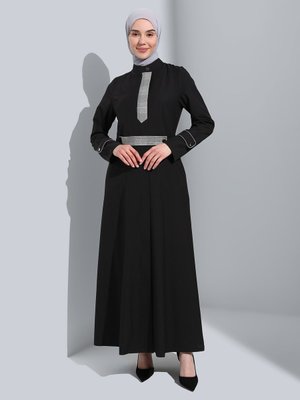 Siyah Gizli Fermuarlı Kemerli Pardesü