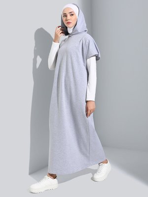 Gri Melanj Kapüşonlu Kolsuz Elbise