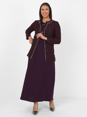 Mürdüm Simli Taş Baskılı Büyük Beden Abiye Elbise